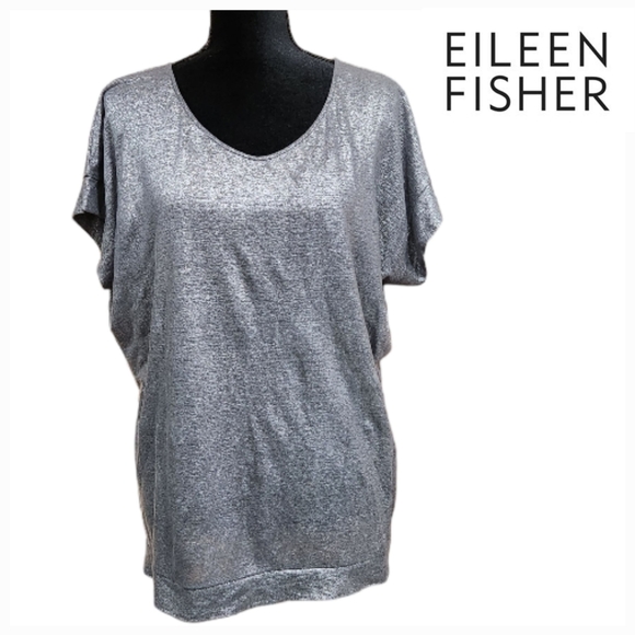 Eileen Fisher Silver Soft V Neck Jersey Shimmer 100% Linen Wedge Top M - Picture 1 of 7